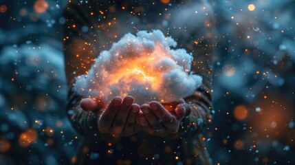 A person's hands cradle a cloud that glows with an inner light, suggesting magic or the power of imagination in a snowy setting