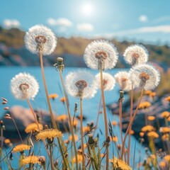 Close-up of delicate dandelions with fluffy seeds against a sunlit skyline, symbolizing change and growth