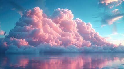 A serene dreamscape with fluffy pink clouds reflected over a tranquil water surface during a calming sunset