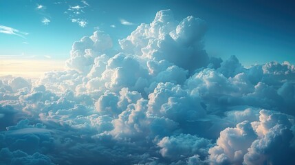 A serene skyscape showcasing a beautiful array of cumulus clouds illuminated by the gentle light of sunset, evoking calmness and wonder