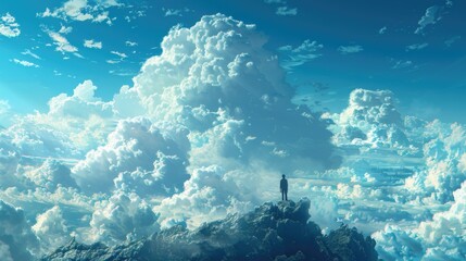 A solitary figure stands atop a mountain, surrounded by a surreal expanse of clouds, evoking feelings of solitude and introspection
