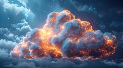 This striking image captures the essence of a nebula in space, with clouds illuminated to resemble bursts of fire and light