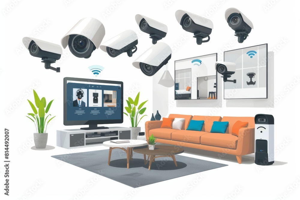 Poster security camera setups call for guarding urban data, watching independently for anomalies in secure 