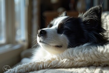 A heartwarming image of a content sleeping black and white dog lying in a sunlit area, looking peaceful