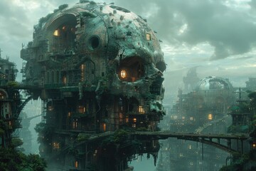 An evocative rendering of a dystopian city with buildings that take the form of a skull