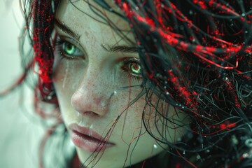 A powerful image capturing the intense gaze of a girl with striking green eyes and red accents