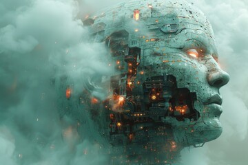 Clouds swirl around a massive, mech-like face that merges the grandeur of sculpture with science fiction's vast possibilities