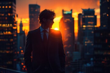 A silhouette of a man in a suit overlooks a cityscape bathed in sunset hues, evoking thoughts of success and ambition