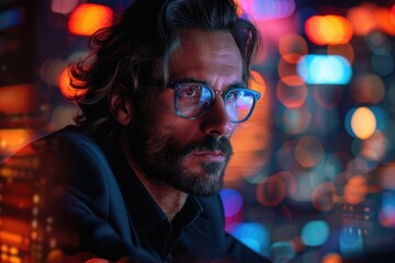 A close-up of a man in eyeglasses with vibrant blurred lights in the backdrop, suggesting technology and vision