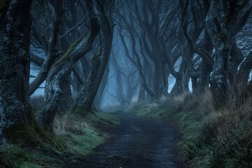 A haunted forest at twilight, where twisted trees cast eerie shadows on a forgotten pathway