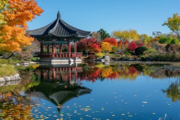 Fototapeta premium A serene Japanese garden ablaze with autumn foliage