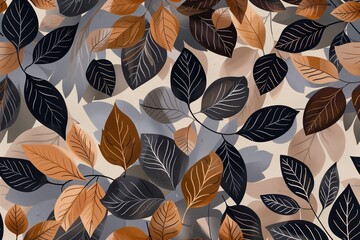 Seamless leaf pattern with floral background in brown, gray and black autumn colors