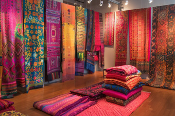 A vibrant display of textile arts showcasing intricate patterns and diverse fabric techniques, exemplifying traditional and contemporary craftsmanship 