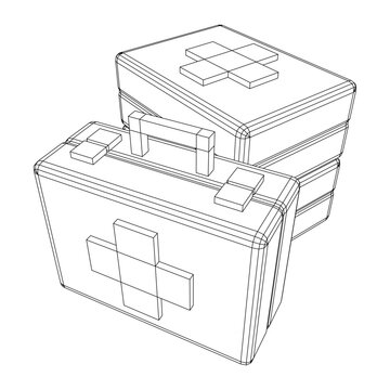 Suitcase of medical aid. Med kit symbol of emergency assistance with cross first aid equipment and treatment. Wireframe low poly mesh vector illustration
