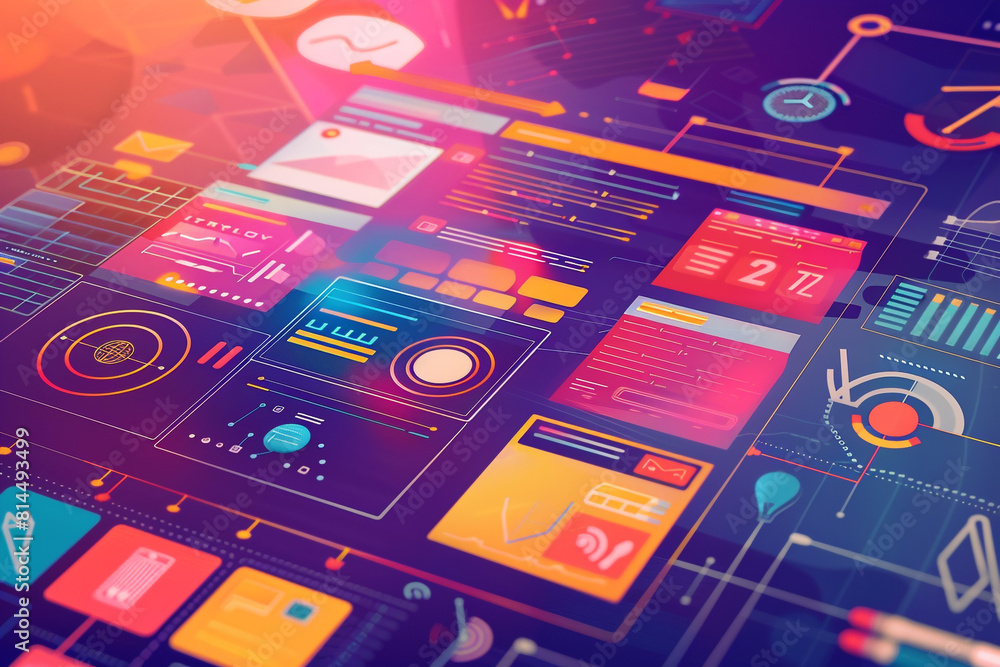 Poster a vibrant graphic design concept showcasing digital marketing strategies and project management tool
