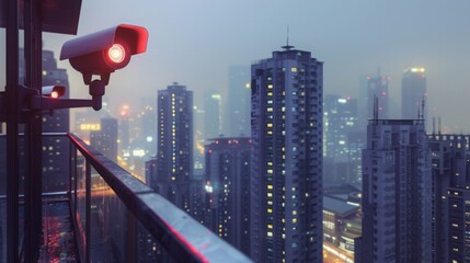 A security camera mounted on a balcony captures a cityscape at night with illuminated buildings and streets. - Powered by Adobe