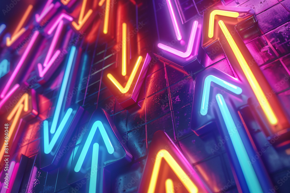 Poster a vibrant image showcasing a collection of neon-lit arrows pointing in the same direction, with one 