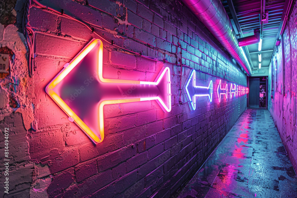 Poster a vibrant image showcasing a collection of neon-lit arrows pointing in the same direction, with one 
