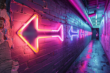 A vibrant image showcasing a collection of neon-lit arrows pointing in the same direction, with one distinct arrow different 