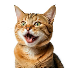 Close-up portrait of a yawning bengal cat is Happines isolated on white background