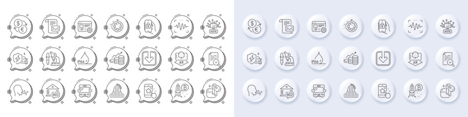 Fototapeta premium Voice wave, Bus and Bitcoin project line icons. White pin 3d buttons, chat bubbles icons. Pack of Waterproof, Star rating, Roller coaster icon. Vector