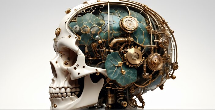 a sci-fi baroque concept design of anatomically correct brain device with terrarium, steampunk