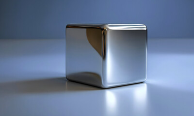 3D square silver cube with light reflection in grey background, solid Three dimensional metallic polished object