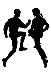 Young athletes run a marathon. Isolated silhouettes on white background