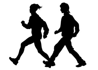 Young athletes run a marathon. Isolated silhouettes on white background