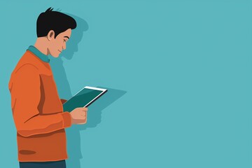 illustration of a man using a tablet on a blue background with copy space