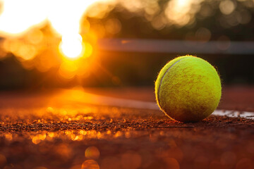 A vibrant tennis ball resting on the tennis court, bathed in the warm glow of the setting sun in the background 