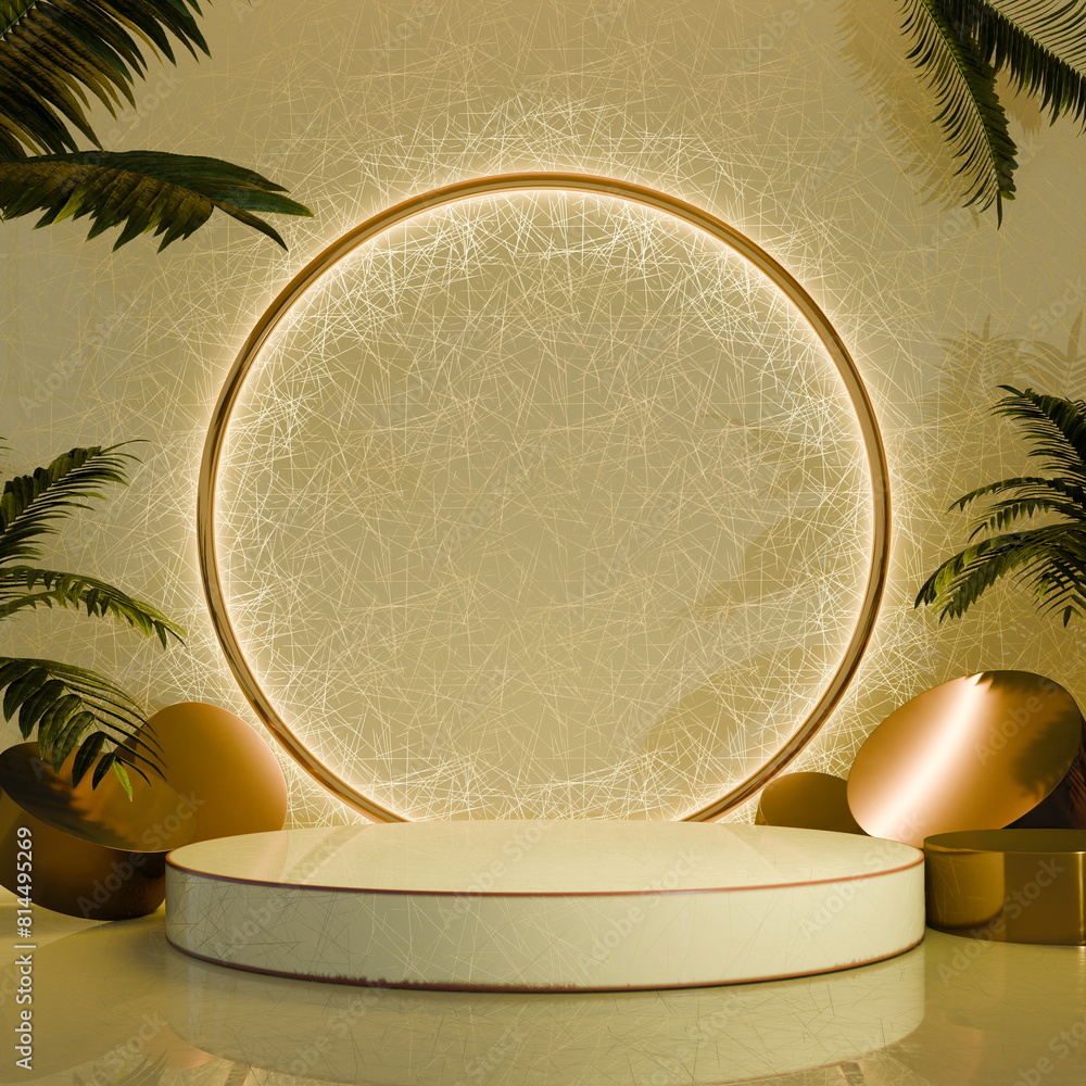 Aufkleber chic display stage with a lit circular structure and tropical leaves shadows. 3d render