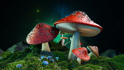 Vibrant red capped mushrooms rise above a bed of moss under a starlit sky, creating an enchanting...