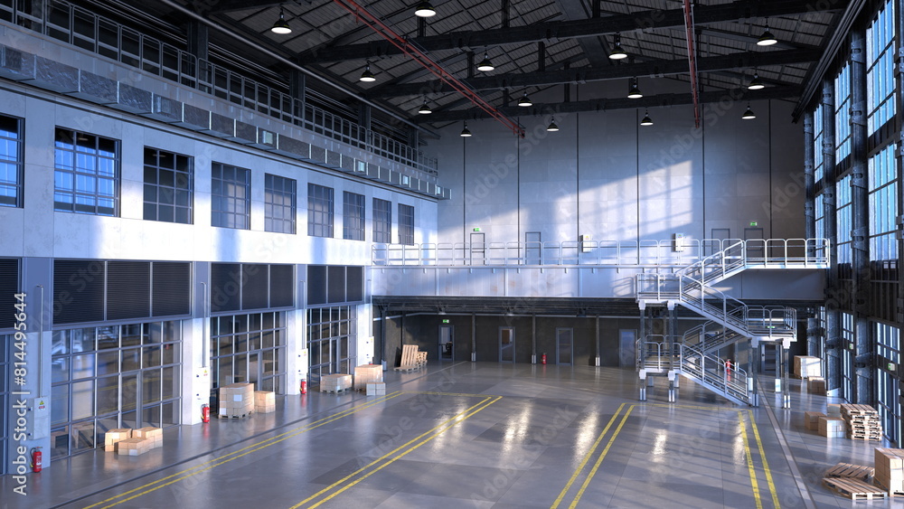 Aufkleber clean warehouse with pallets and packages. sunlight streams through large windows. 3d render