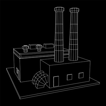 Industrial factory. Plant or Factory Building. Manufacturing building. Wireframe low poly mesh vector illustration.
