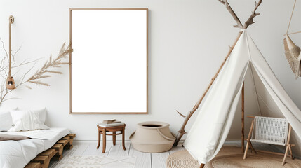 Poster mockup on a white wall in camping concept