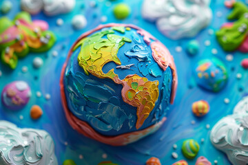 A vibrant, chunky clay-style illustration depicting planet Earth with a textured, handcrafted look, featuring bright, playful colors that appeal to a child-friendly aesthetic 