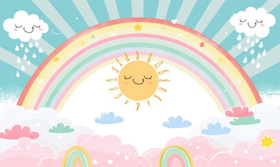 Cute pastel rainbow background with sun, clouds and rainbows vector presentation design template...