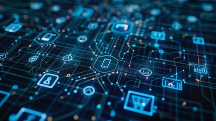 A digital representation of interconnected nodes with security icons glowing against a dark backdrop, symbolizing cybersecurity.