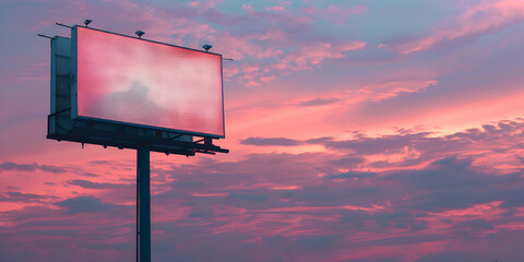 Wide blank billboard mockup for advertising and information against backdrop of sunset sky. 
