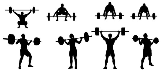 Set of weightlifting silhouette. Male and female weight lifter athlete in different poses. 