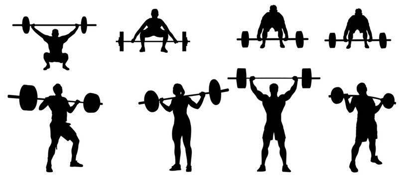 Set of weightlifting silhouette. Male and female weight lifter athlete in different poses. 