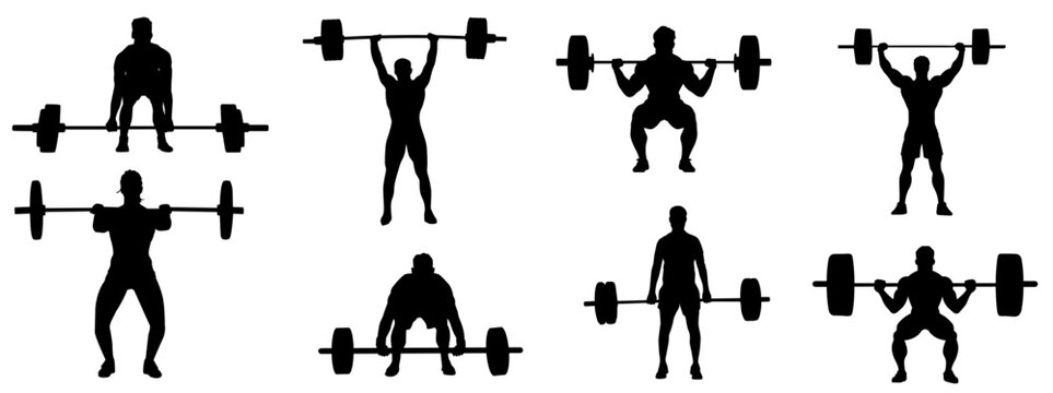Weight lifter silhouette. Collection of weight lifting athlete silhouette. 