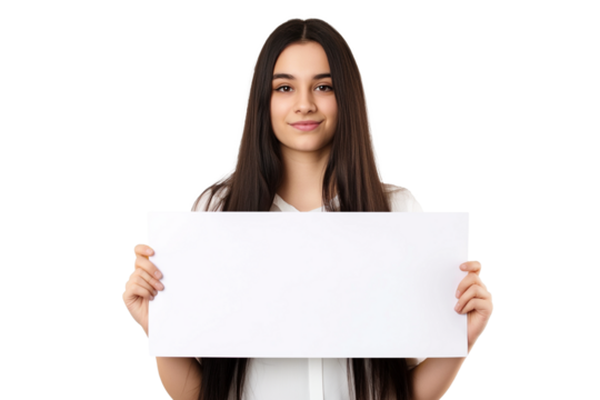 Smiling woman holding mock-up screen for advertising on transparent background