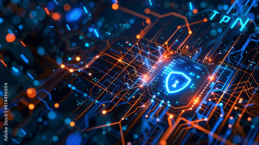 Poster an advanced circuit board with a glowing shield icon symbolizing active cybersecurity measures.