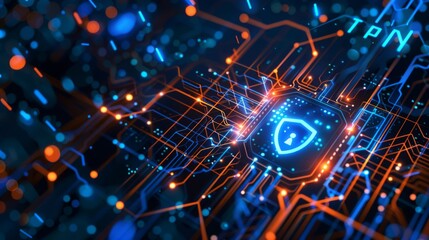 Obraz premium An advanced circuit board with a glowing shield icon symbolizing active cybersecurity measures.