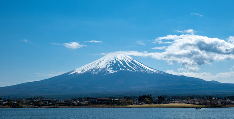 Fuji Mountain and Lake kawaguchiko Japan, blue sky in Spring