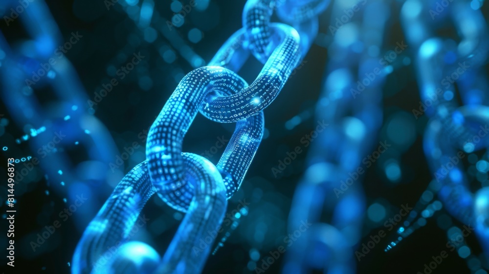 Poster conceptual visualization of secure blockchain technology with glowing blue chain links against a dig