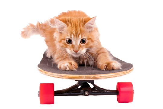A cat riding a skateboard isolated on a transparent background