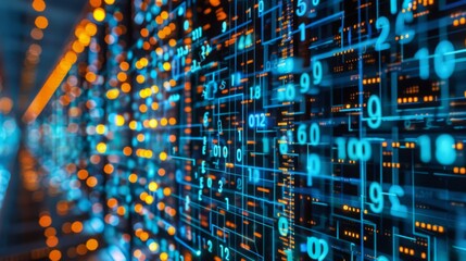 A close-up view of glowing digital numbers illustrating data processing in a server hardware environment.